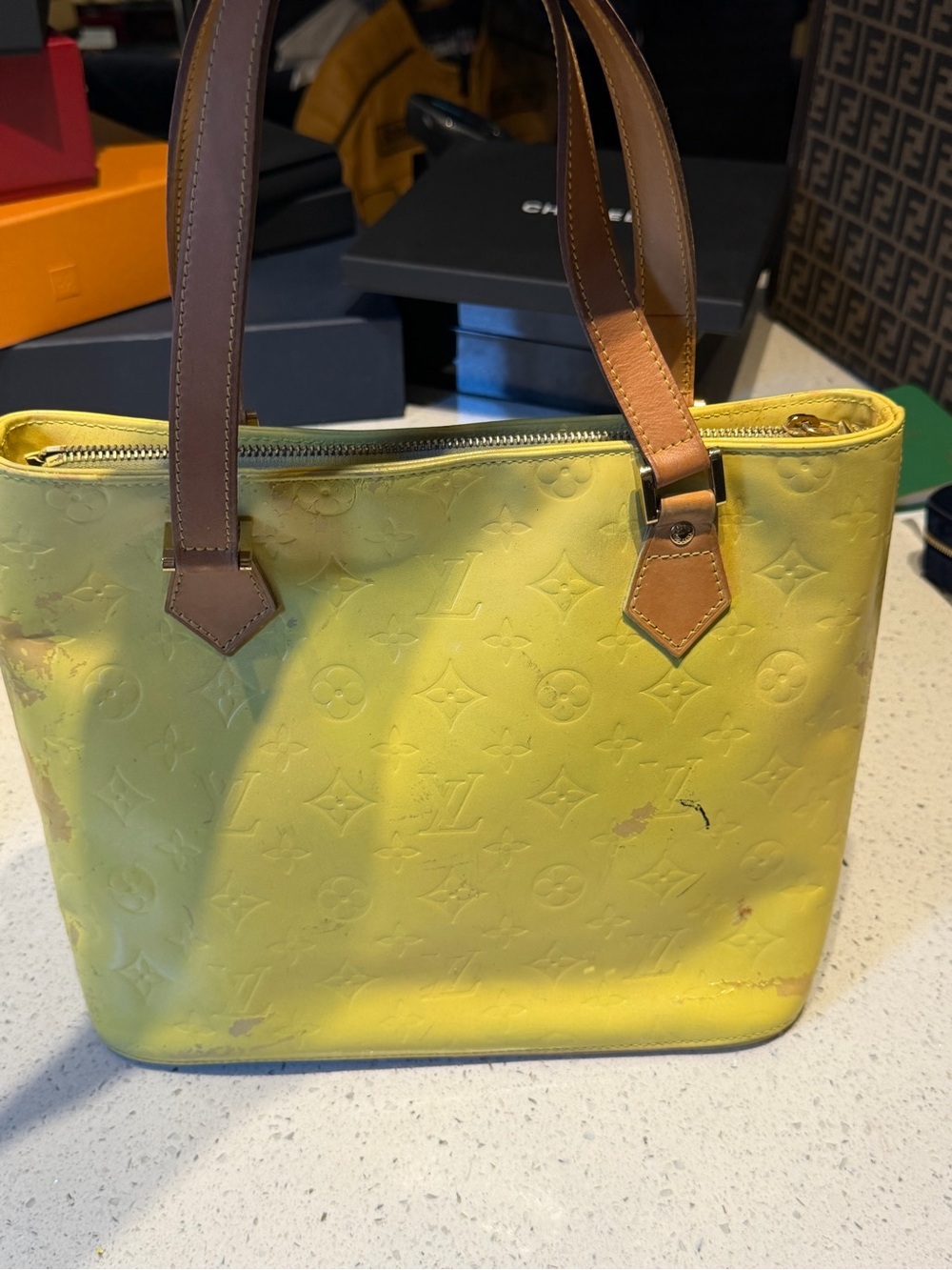 Louis Vuitton Yellow Vernis Tote with Brown Leather Handles PROJECT
